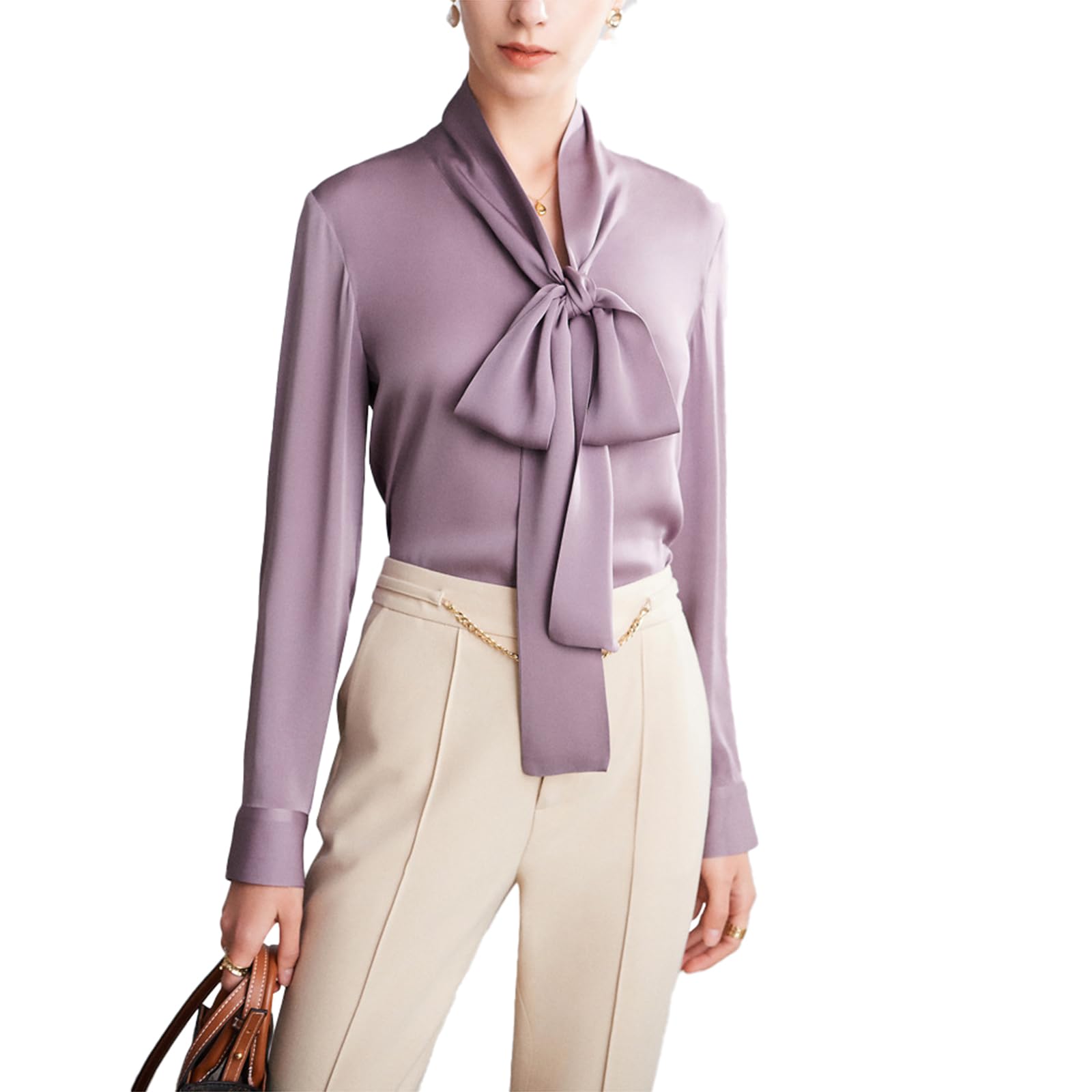 Blusa de Seda para Mujer Camisa Formal de Manga Larga con Cuello de Pajarita Abotonada Blusas de Lujo de Oficina Frescas y Suaves de Seda Pura