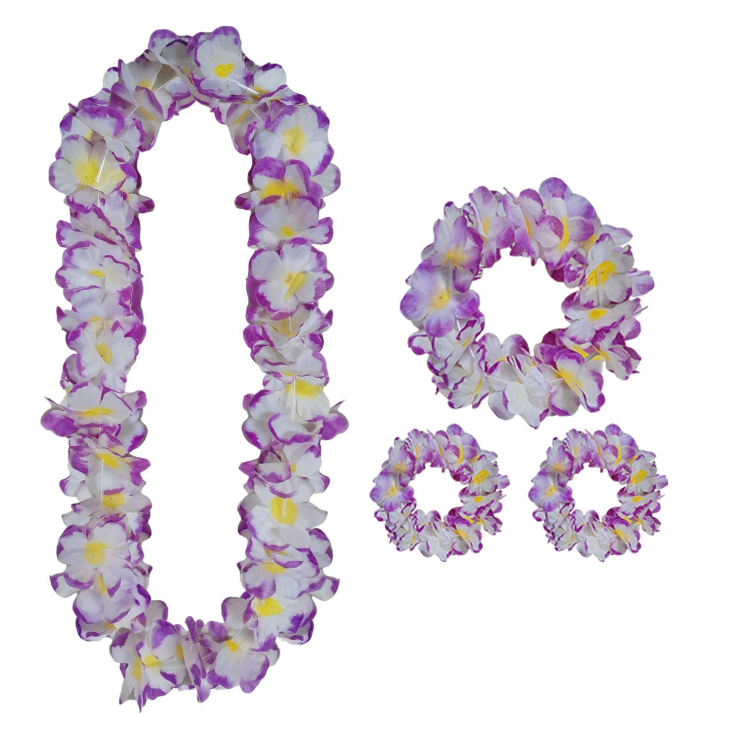 4pcs Hawaiian Leis, Gender Reveal Party Leis for Luau Party Jumbo 1 Headband 2 Bracelets 1 Necklace Graduation Lei Flower Christmas Lays Floral Garland