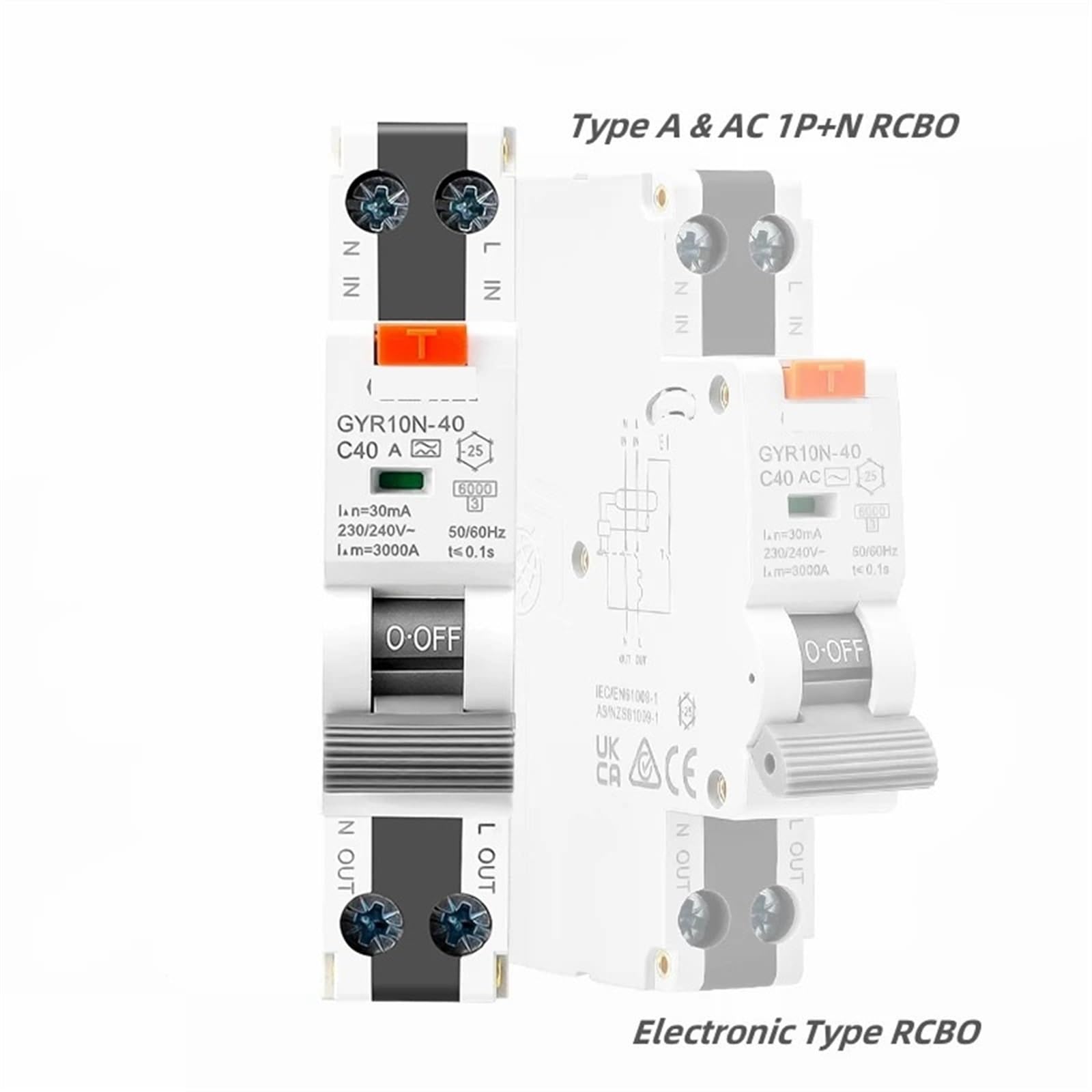Elektroniczny wyłącznik różnicowy GYR10N-40 18 mm 230 V 1 P+N 6 KA, zabezpieczenie nadprądowe, maks. 40 A), 1 szt. (typ AC-16A 30mA)