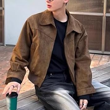 Men’s Suede Cropped Lapel Jacket for Spring and Autumn, Loose Fit Retro Maillard Style Coat in Brown or Black, Vintage Outerwear for Casual Daily(M Brown)