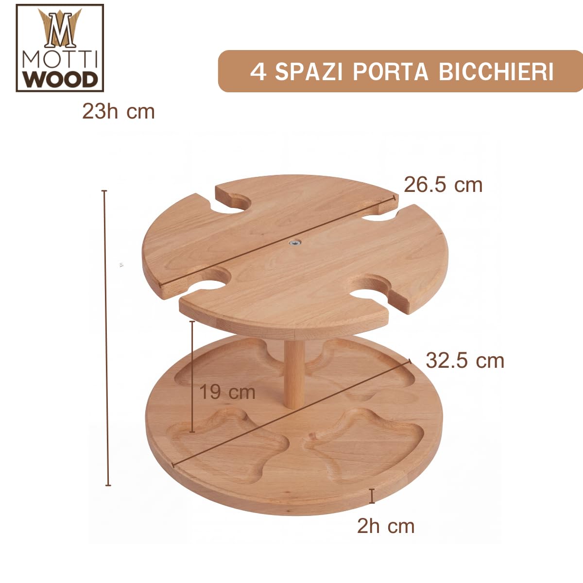 Mottiwood Alzatina 4 Bicchieri, Vassoio Aperitivo, 2 Ripiani, 4 Spazi Porta Bicchieri, 100% Legno Faggio, Idea Unica, Dimensioni: 32,5x23hcm