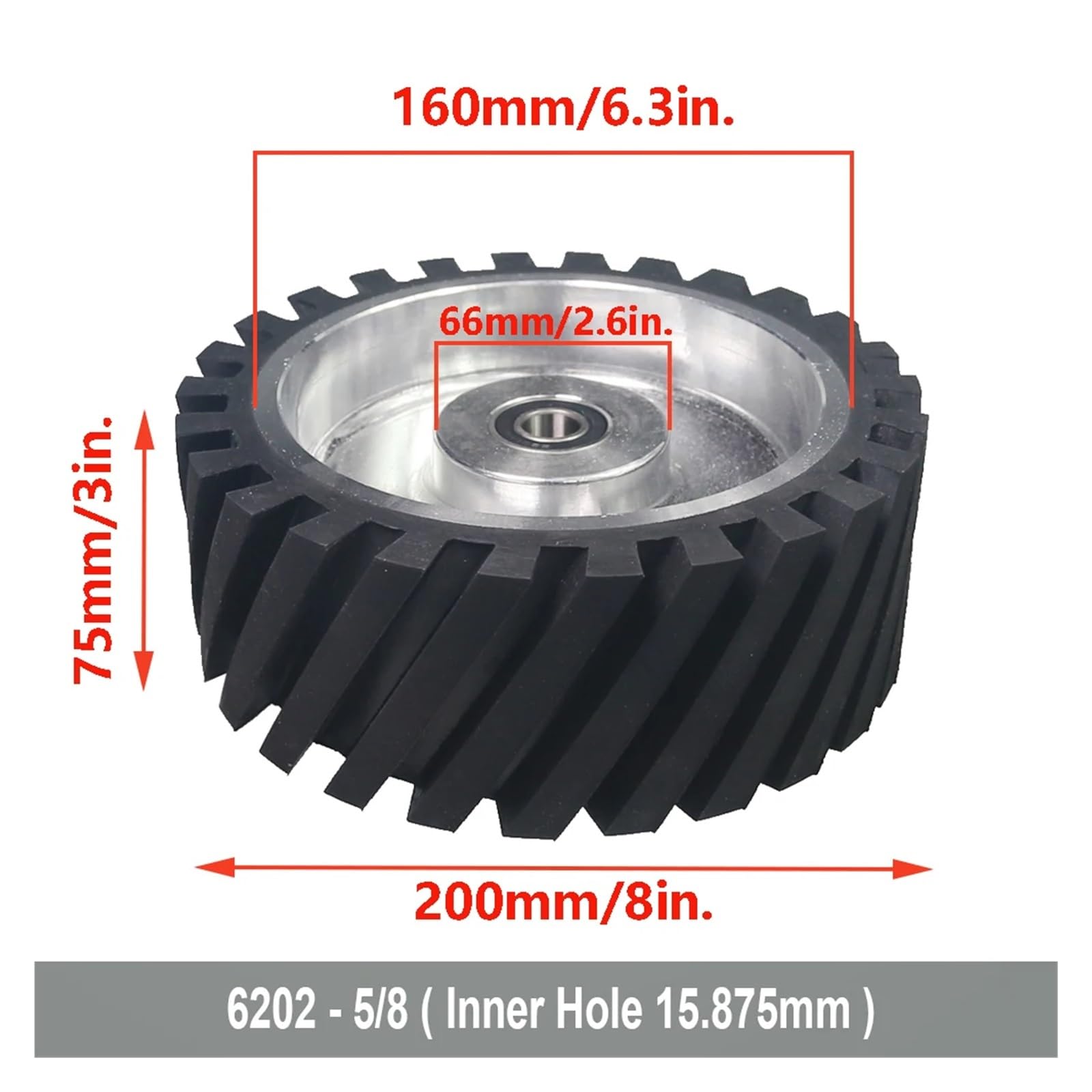 Roue de contact en caoutchouc dentelée 200 x 75 mm, équilibrée dynamiquement, for ponceuse à bande(6004 installed 20,Medium 70A)