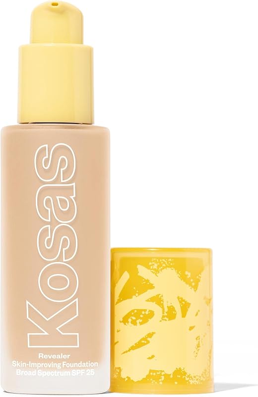 Kosas Revealer Liquid Foundation SPF 25 – Cobertura media edificable, acabado hidratante con brillo natural, neutro muy ligero 100