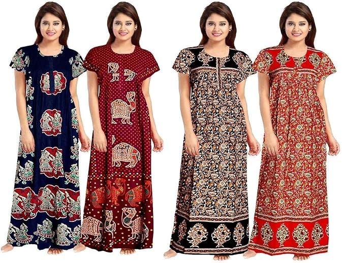 Image of Nighty for Women Cotton Printed Maxi Gown Ankle Length Nighty Night Dress Gown for Women Maxi - Free Size (Pack of 4)
