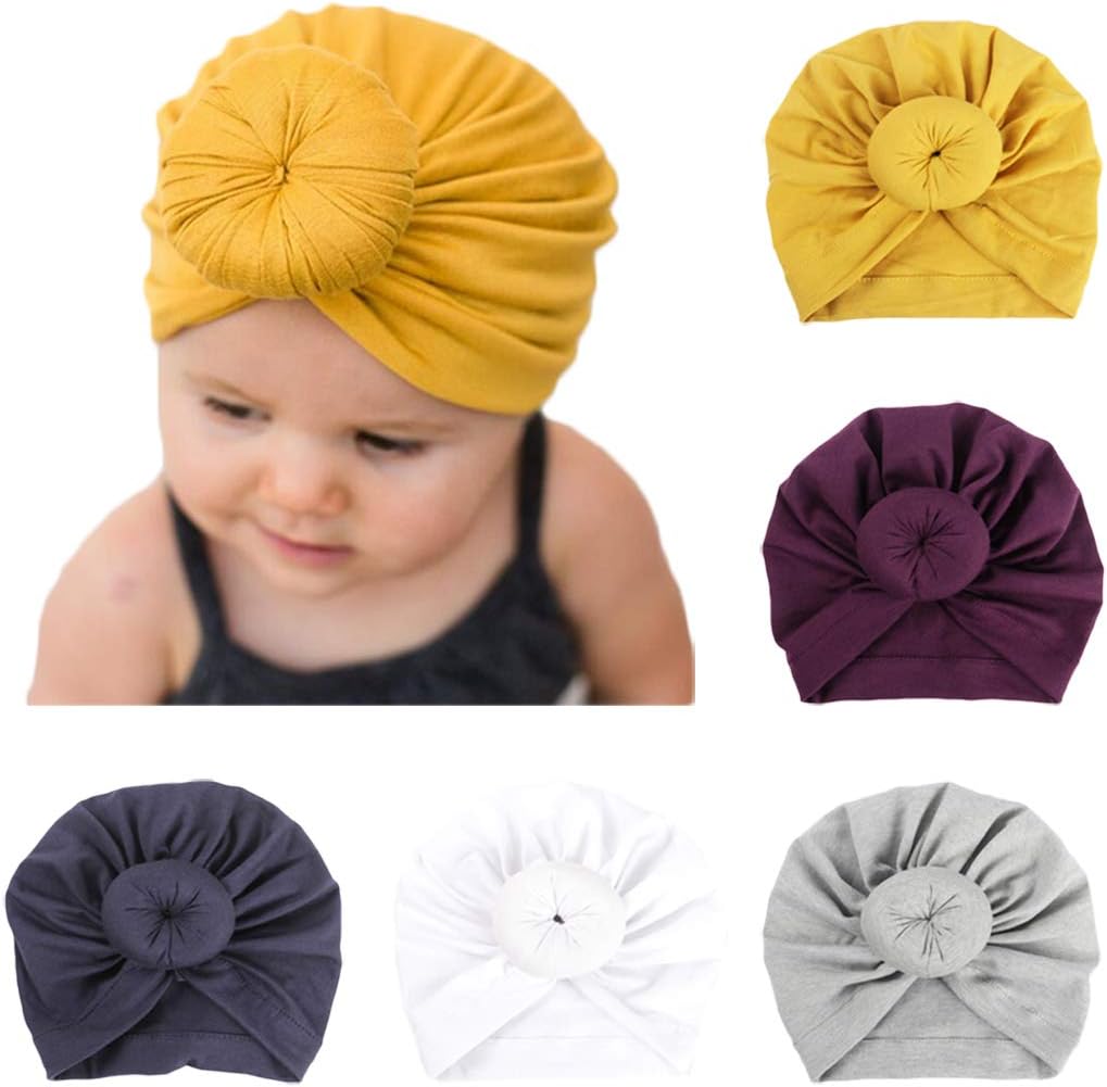 LHTHZHY Baby Girl Hat, Newborn Girl Hat, Infant Turban Baby Turban Headwraps,Bow Rabbit Cap, A-5pcs-gray&white&yellow&gray&purple, Medium