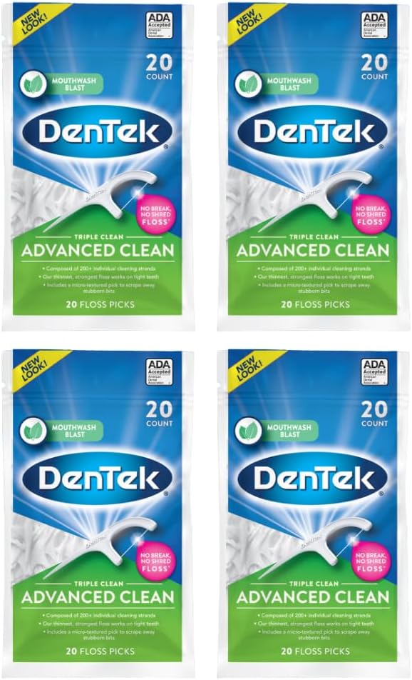 DenTek Triple Clean Advanced Clean Floss Picks, No Break & No Shred Floss, 20 Count (Pack of 8)