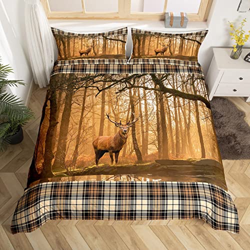 Manfei 3D Deer Duvet Cover Set Queen Size, Wildlife Hunting Theme Wild Animal Print Bedding Set 3Pcs For Kids Boys Teens Bedroom Decor, Champagne Plaid Print Comforter Cover With 2 Pillowcases #TOP6