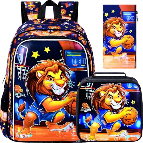 Image of CCJPX 3PCS Kids Backpack for Boys, 16 Inch Lion Water Resistant Preschool Backpacks, Cool Elementary Kindergarten School Bookbag Set for Travel