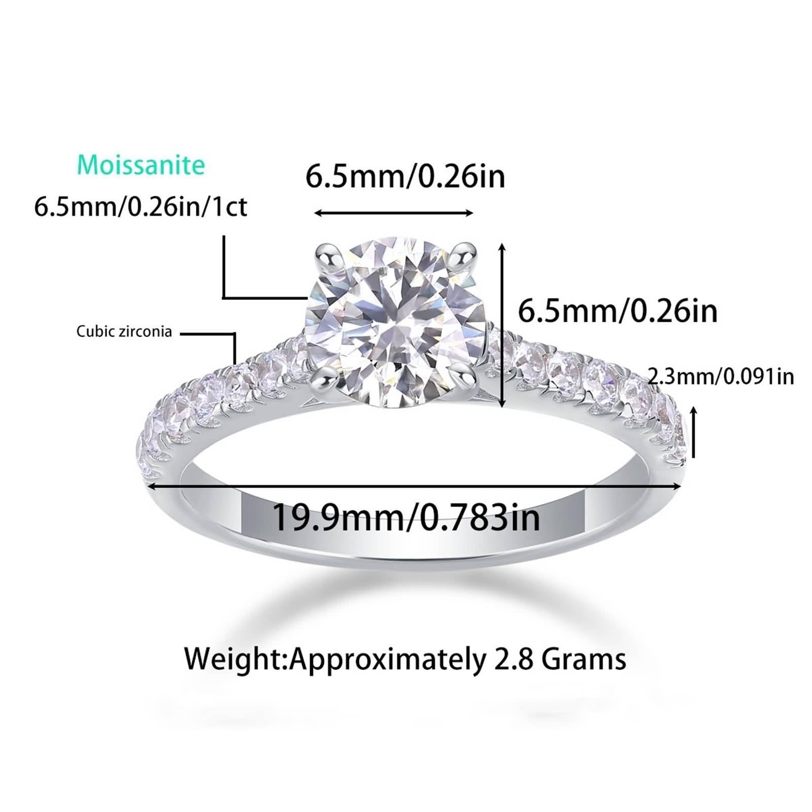 Ringe Frauen für mittelfinger, Verlobungsringe Eleganter Dünner Ring mit 1 Karat Rundem Moissanit Silber Platin Größe 53 (16.9)