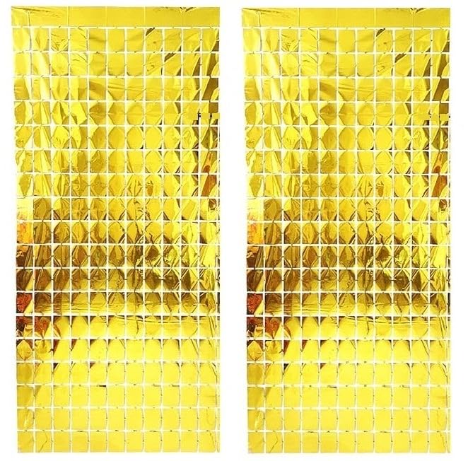 Image of AMFIN (Pack of 2) Square Foil Curtains for Birthday Decoration Photo Booth Props Backdrop Baby Shower Bachelorette Party Decoration - Gold