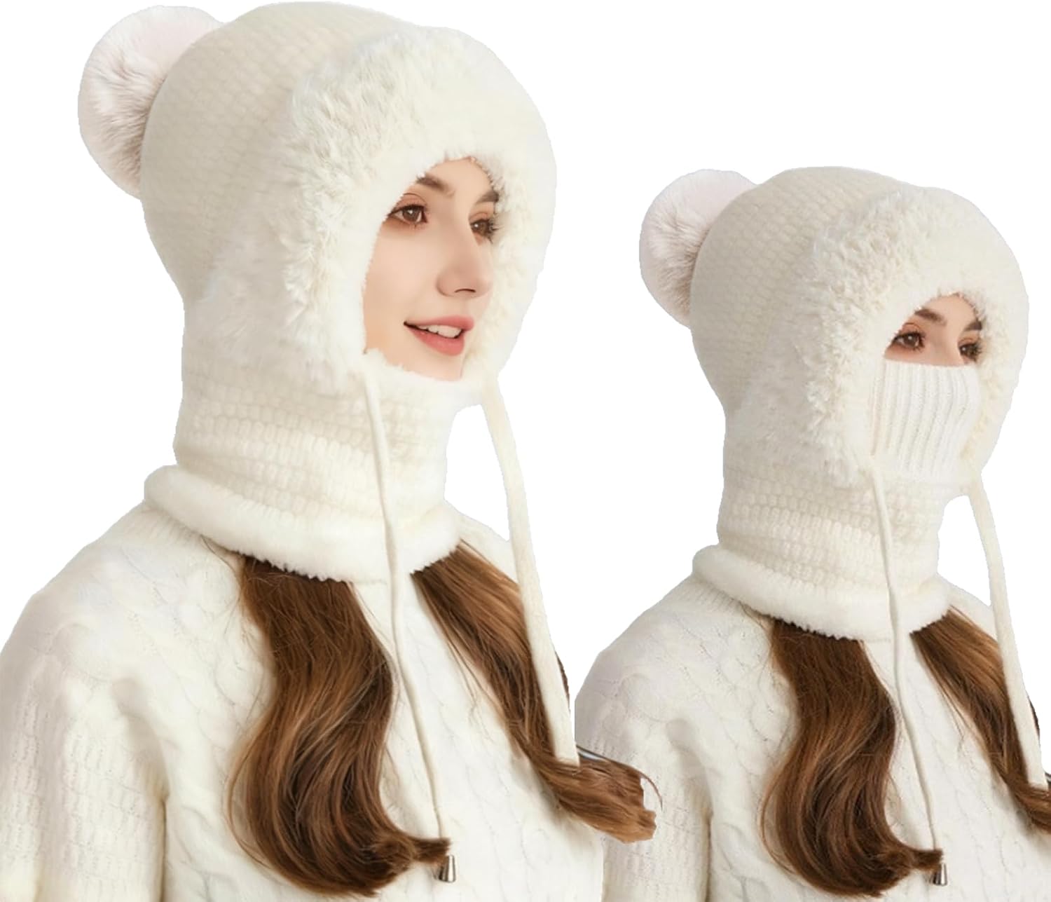 3 in 1 Beanie Hat for Women, Womens Balaclava Winter, Wind-Resistant Scarf Face Mask Hooded, Cover for Outdoor Skiing Hiking