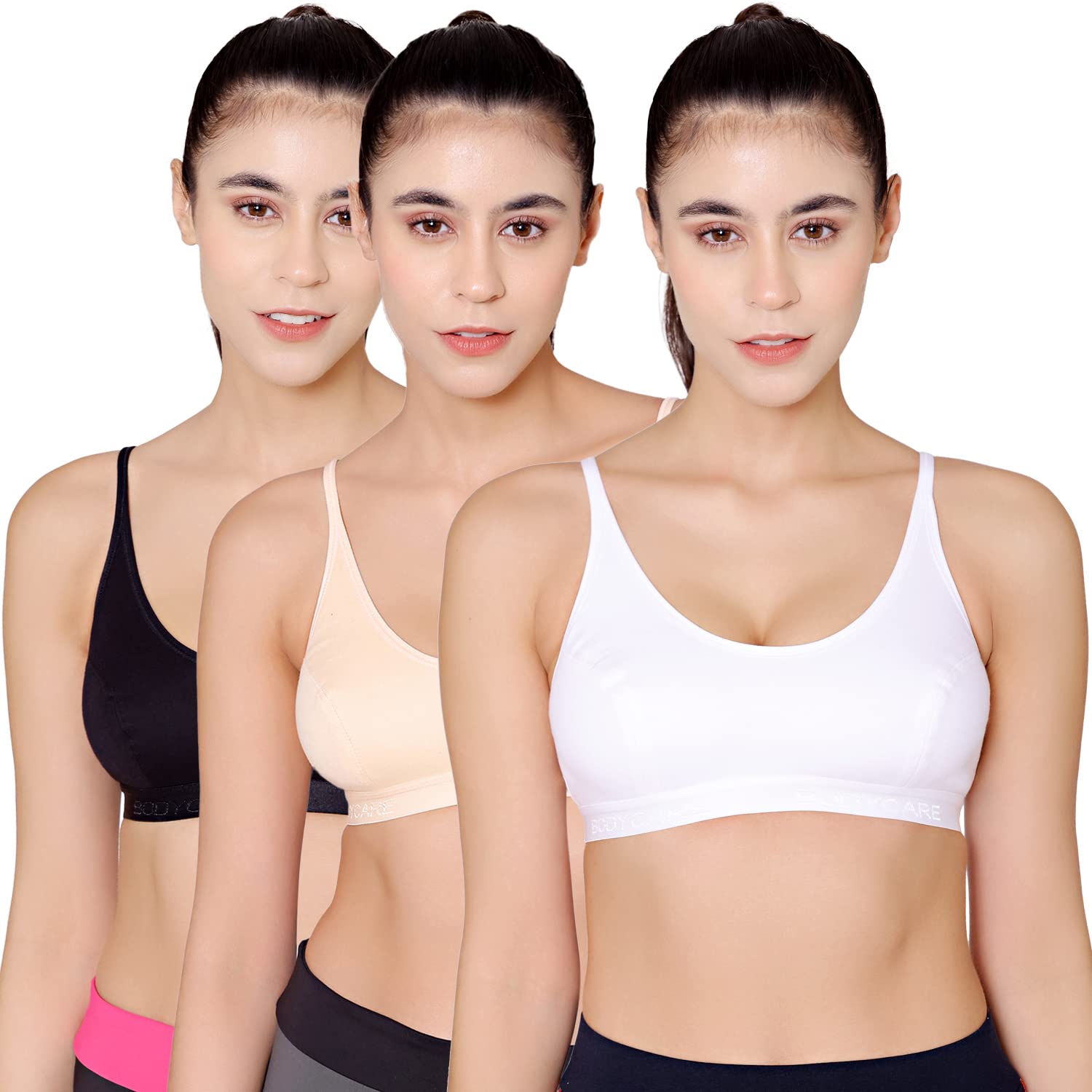 BODYCARE Women's Spandex, Cotton Non-Padded Wire Free Sports Bra (E1608BSW-30B_Black, Skin, White_30) - Review, Price and Buying Guide