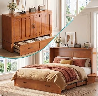 PUREMIND Queen Murphy Bed with Mattress Included, Solid Wood Cabinet Bed with Storage Drawer, USB Charging Ports and Folding Tray, Space Saving Hideaway Murphy Beds Cabinet for Guest Room