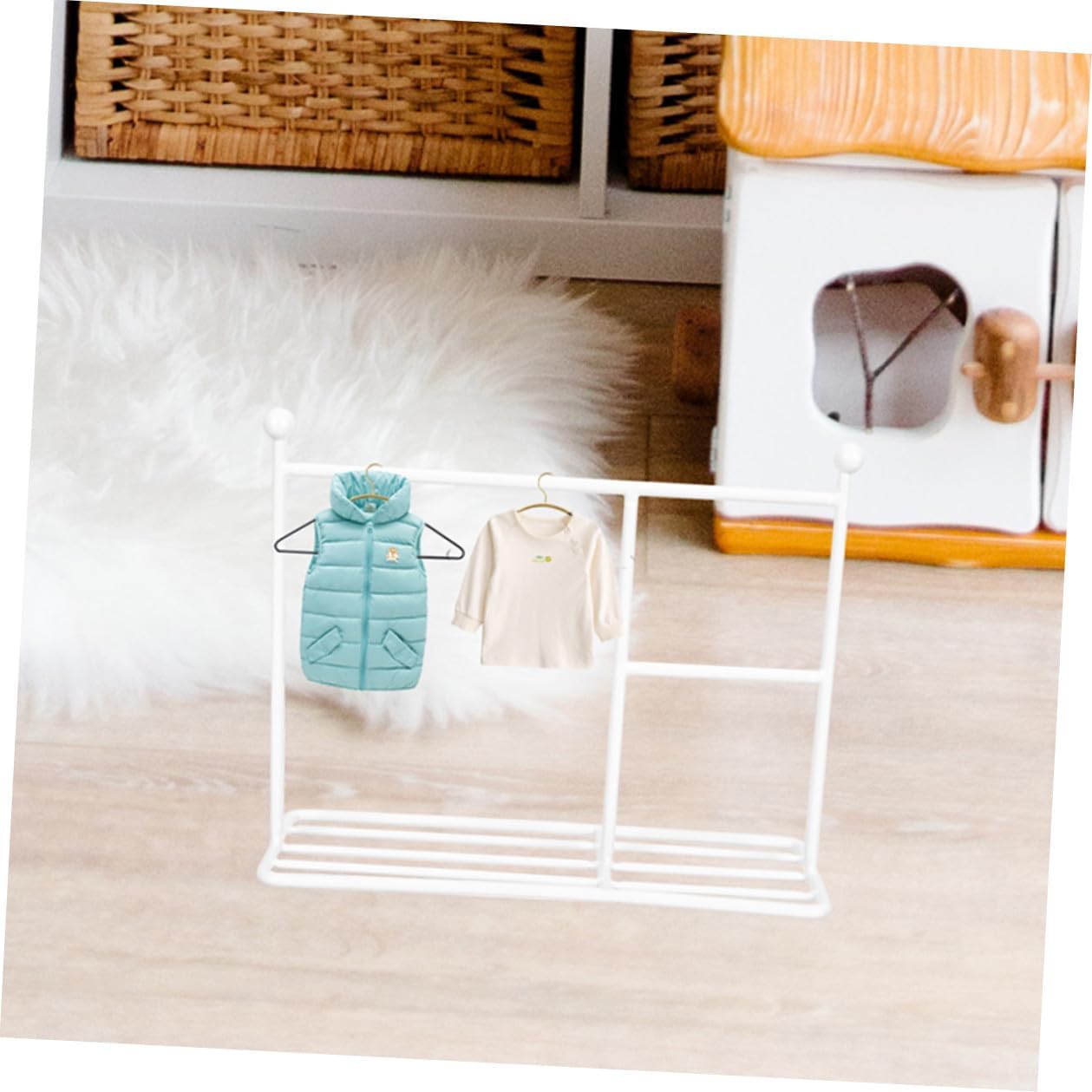 Mini Metal Doll Clothes Rack with Small Clothes Hanger and Doll Garment Organizer for Dollhouse Furniture 25x21cm White Storage Shelf Suitable and Play