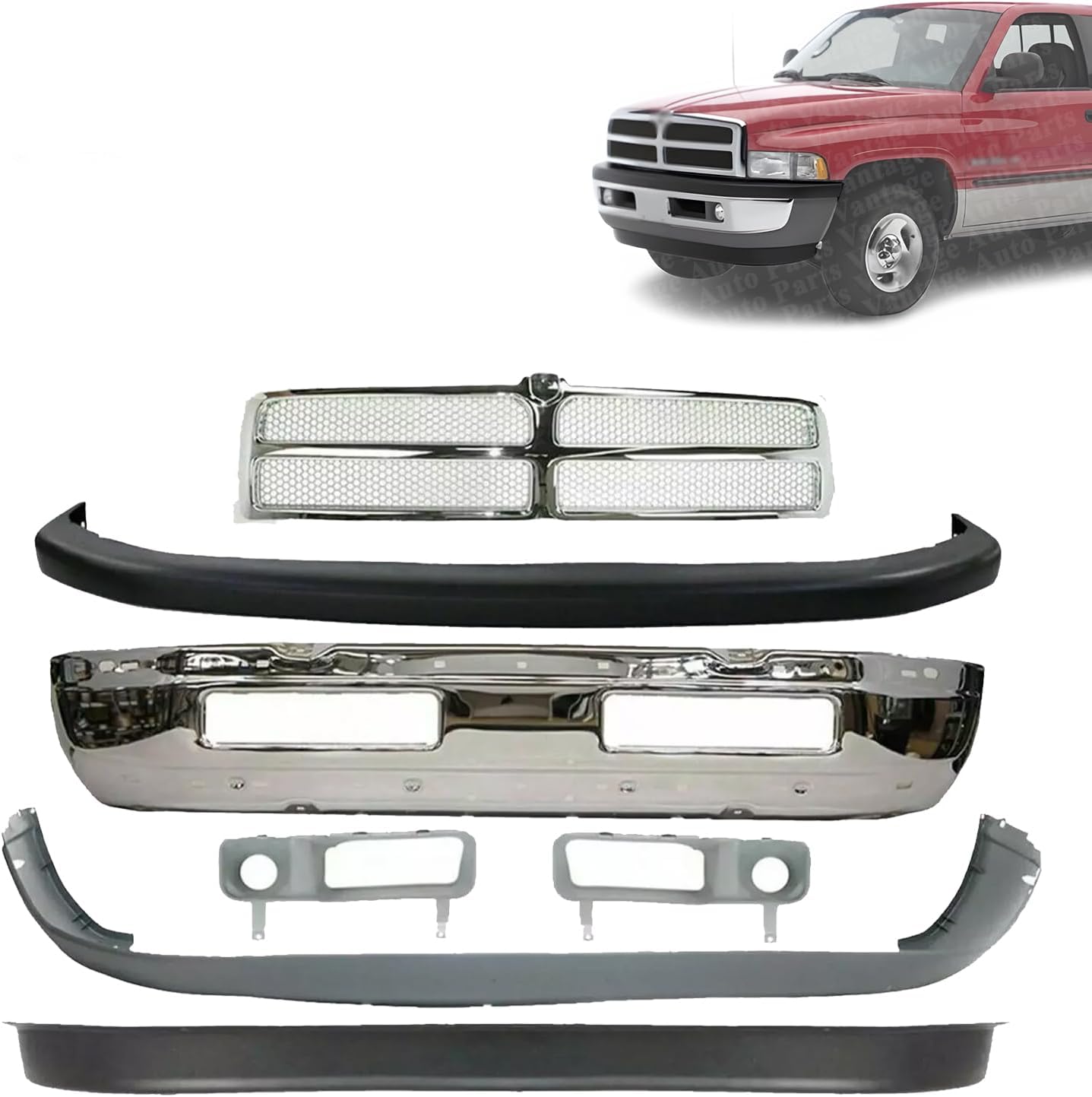 Front Bumper Chrome Steel + Grille Chrome + Upper Lower Bumpers + Valance Textured + Fog Light Trims LH & RH Side Compatible with Dodge Ram 1500 1994-2001 | DIRECT REPLACEMENT