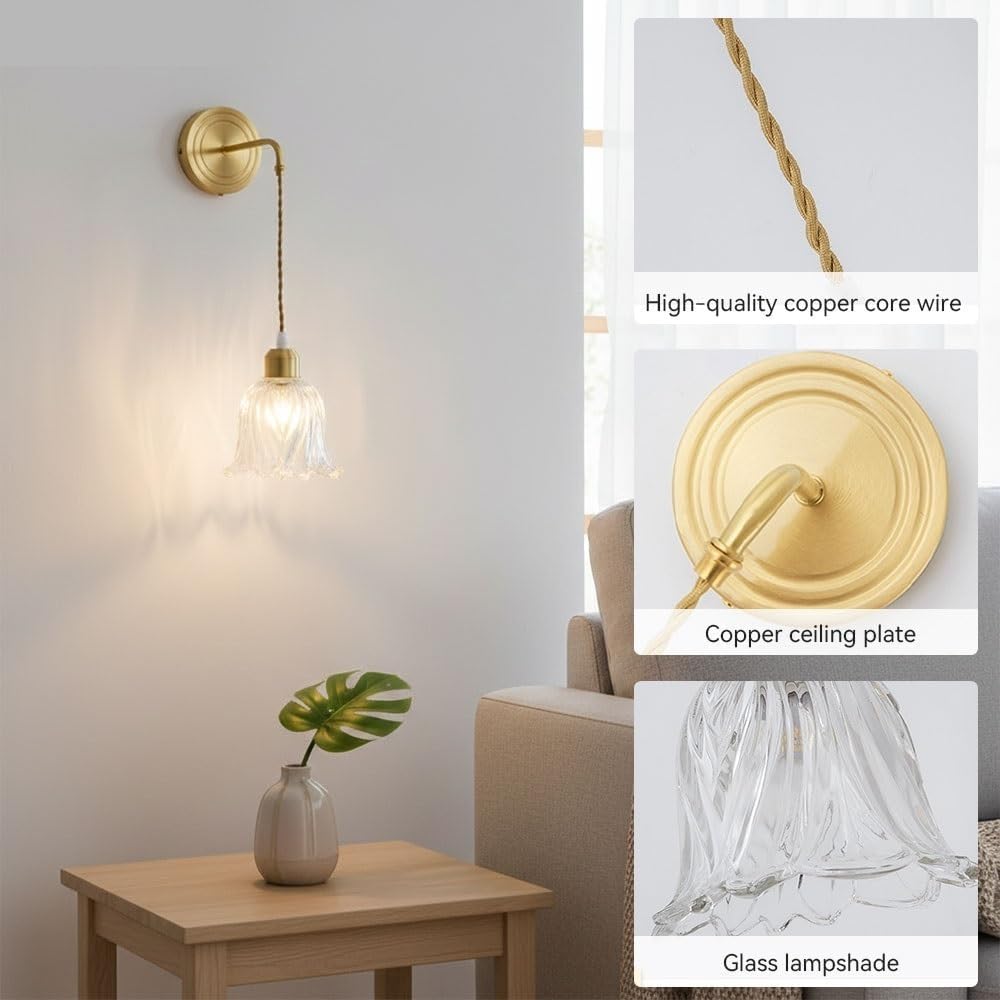 Vintage Brass Wall Sconce, Flower Glass Shade, Adjustable Hanging Cord, French Country Pendant Vanity Lamp, Bedroom Bedside Hallway Living Room Entryway Foyer Interior Home Parlor