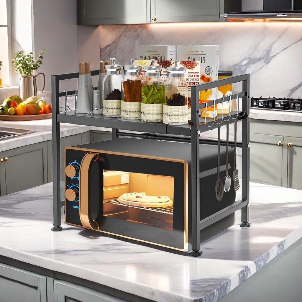 Adjustable Expandable Microwave Oven Rack with 6 Hooks – Carbon Steel Over-Counter Shelf for Kitchen Utensil & Tableware Storage (Black, 1-Tier)