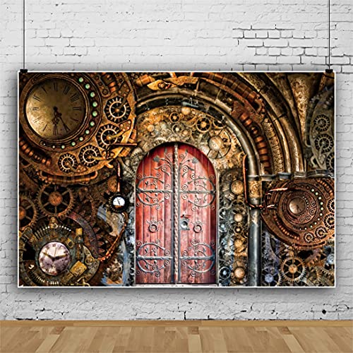 Yongfoto 5X3Ft Retro Steampunk Backdrop Vintage Metallic Mechanical Bronze Clockwork Gears Metal Door Photography Background Nostalgia Style Novelty Artistic Design Party Decor Photo Studio Props #TOP2