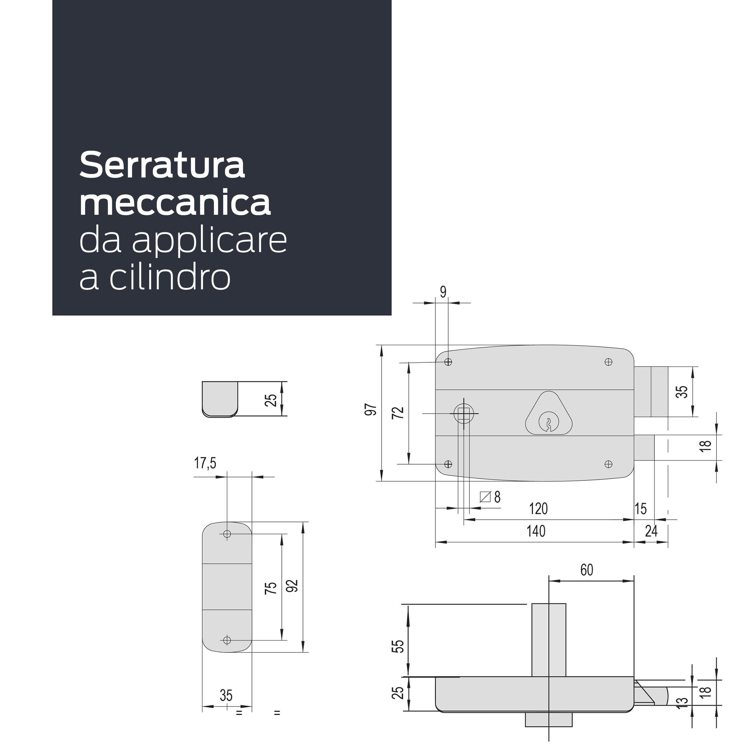 CISA - Serratura per Porte in Ferro da Applicare 15057160179 - Serratura Cancello Esterno in Acciaio Zincato con Cilindro e Quadro Maniglia Passante - Entrata 60 - Mano Destra