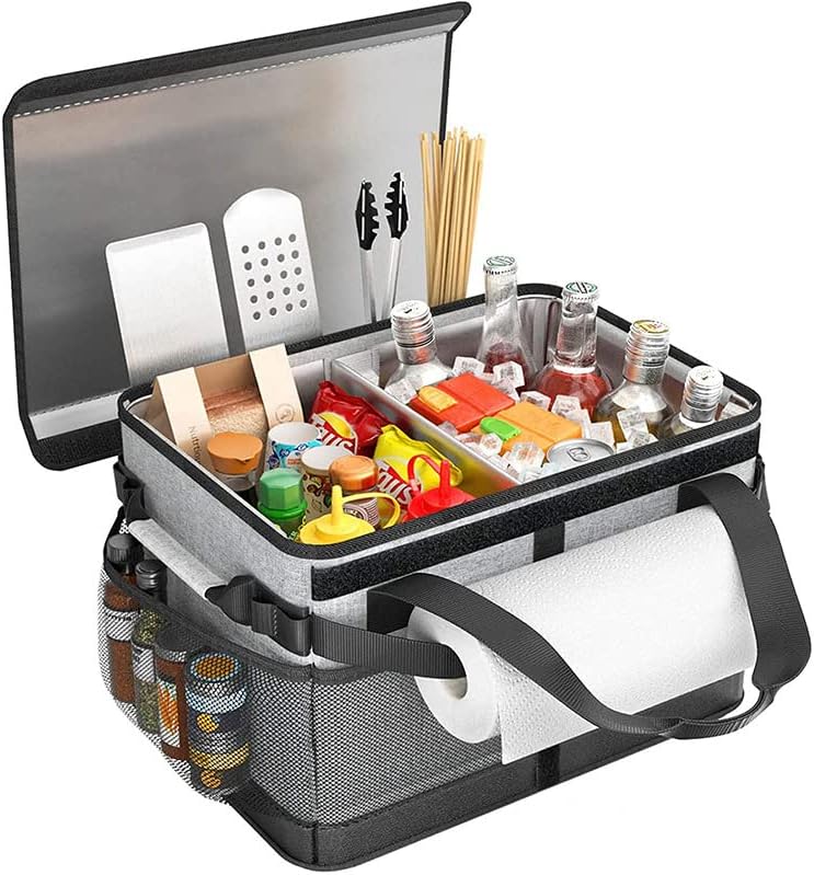 SLEEPHEADCollapsible Picnic Basket for Outdoor Camping Barbecue, Barbecue Tools Organizer Must-have Accessories for Barbecue, Camping, Outdoor Barbecue Storage Organizer (Grey)