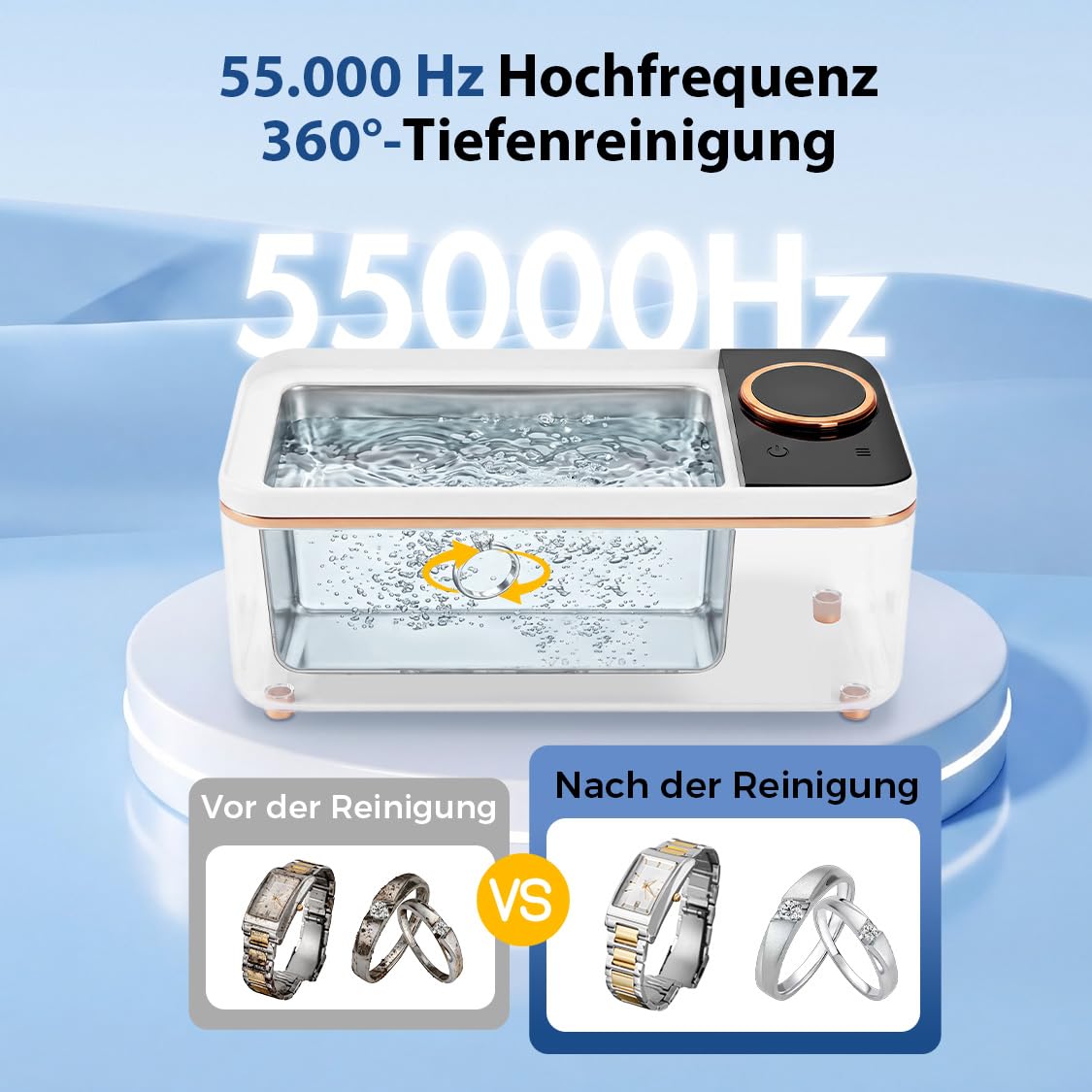 Ultraschallreinigungsgerät, 450ML Brillenreinigungsgerät, 55000Hz Ultraschallreiniger Brille, Mit 6-Stufigem Digitaltimer, Gründliche Reinigung von Brillen, Zahnprothesen, Münzen, Schmuck und Uhren.
