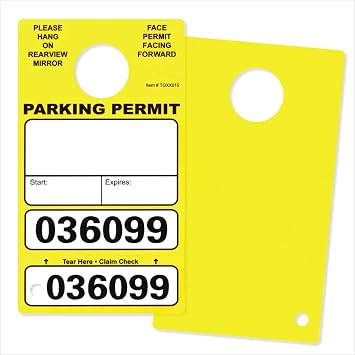 500 Yellow Parking Permit Hang Tags for Car Rear View Mirror, with Vehicle Claim Check. Parking Pass with Perforated Cardstock Key Tag. Printed in Black with Bold Black Numbers on Durable Card Stock