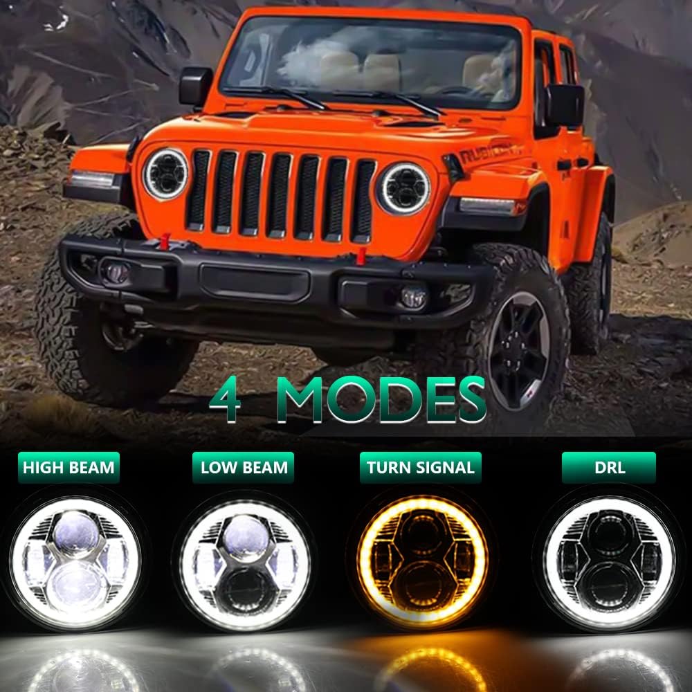 UNI-SHINE 7 Inch Chrome LED Halo Headlights Round DOT Approved with High Low Beam Turn Signal Amber White DRL compatible with Wrangler JK TJ LJ CJ,2PCS