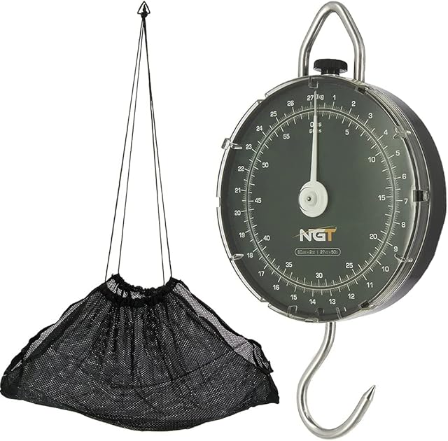 DNA Leisure NGT Carp Fishing Weighing Scale 27kg/60lb Large Hook Round Dial Screen Zero/Tare Function with Weight Sling