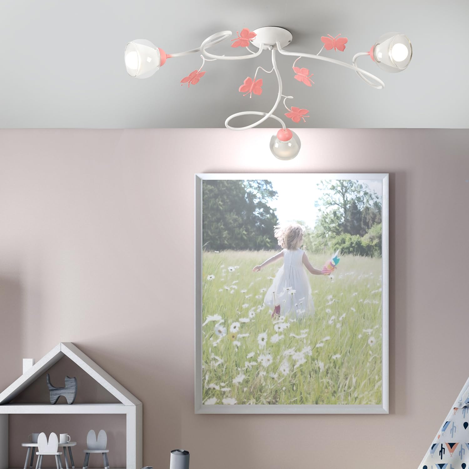 ONLI Plafoniera 3 luci cameretta in Metallo Bianco con Farfalle dipinte in Rosa