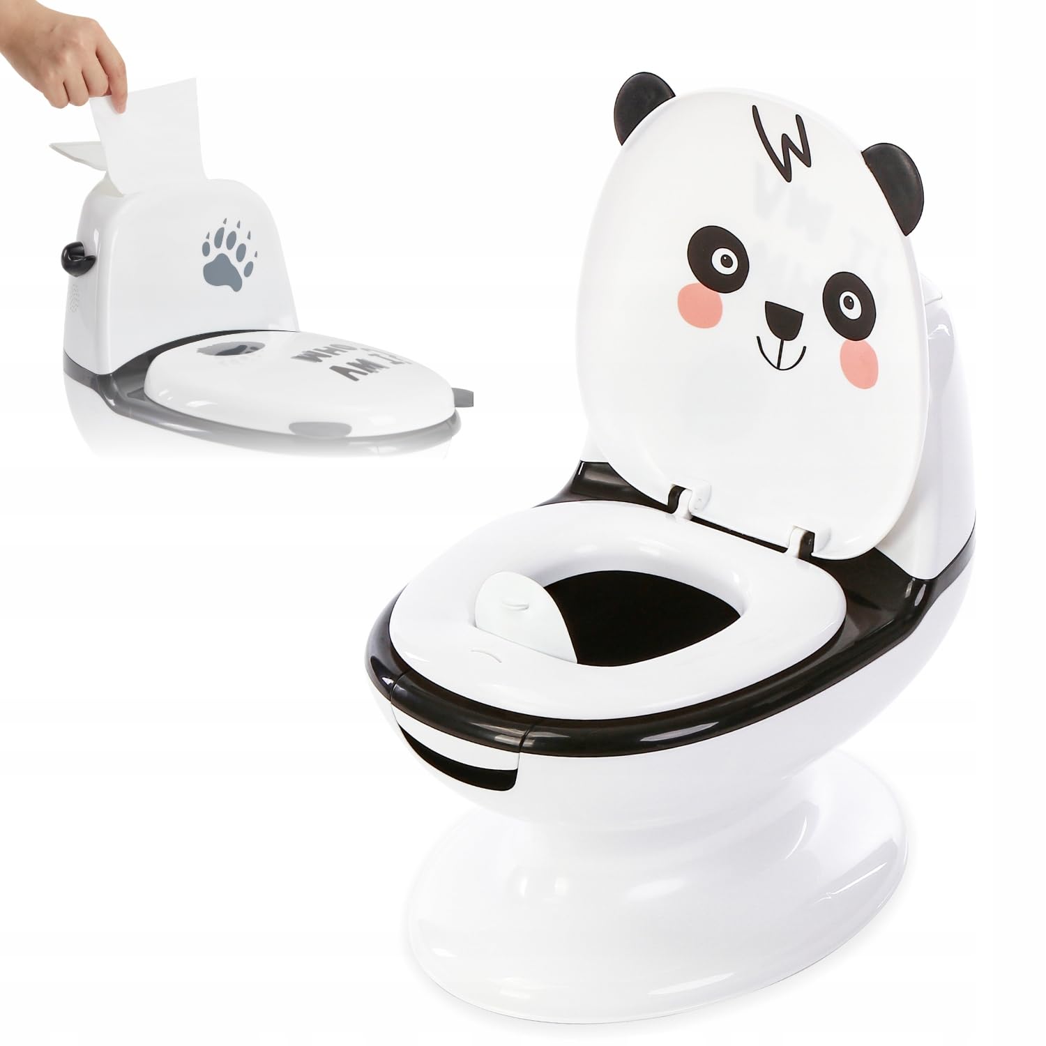 Primabobo Interaktiver Kindertopf PANDA mit Spülgeräusch, Lerntöpfchen für Kinder mit herausnehmbarem Einsatz, Deckel und Rückenlehne, ergonomischer Toilettentrainer ab 18 Monaten