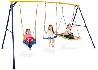Goplus Toddler Metal Swing Set, 300 KG Carbon Steel Swing Frame w/Adjustable Belt Swing, Platform Tree Swing, Baby Swing Seat & Carabiners for Backyard, Indoor Outdoor Swings for 3-10 Years Old Kids
