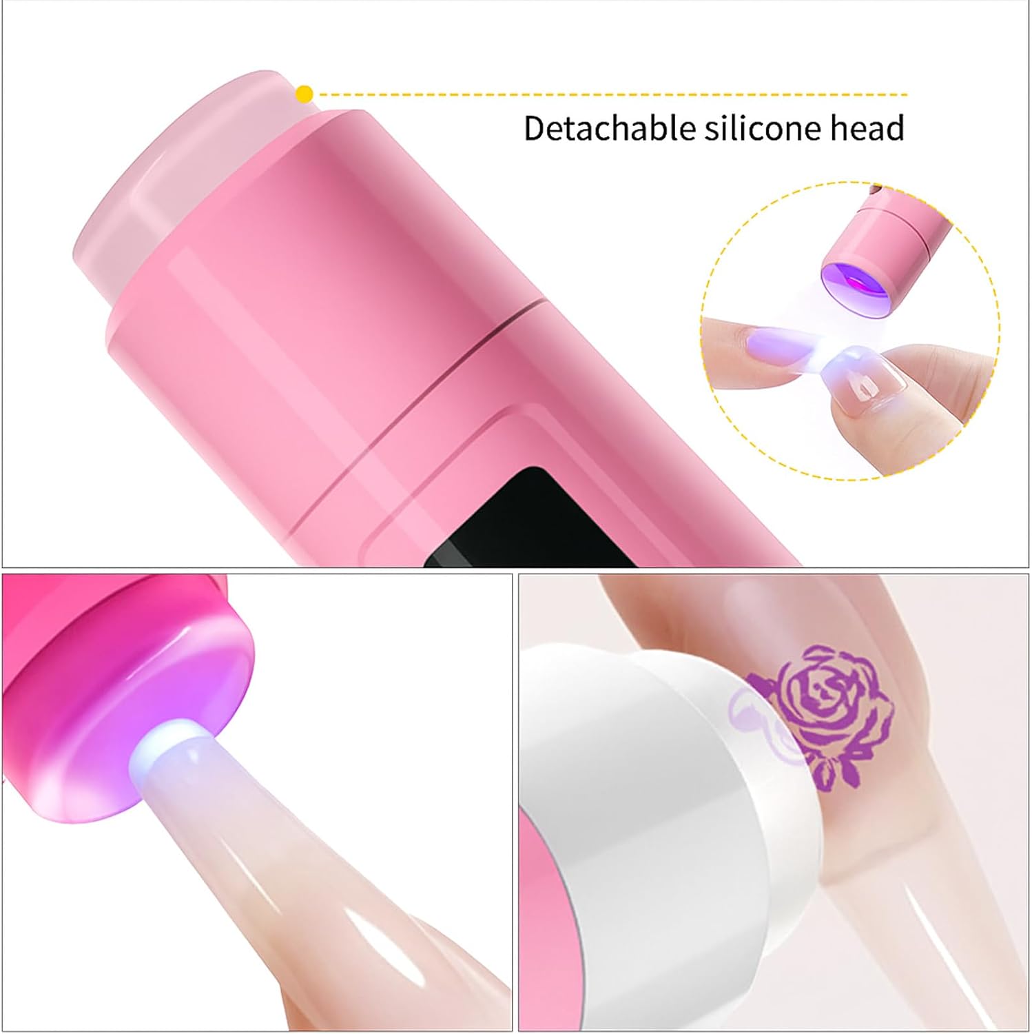 Handheld UV Light with Stand and Nail Stamper Heads, 3W Portable LED Nail Lamp, Wireless Rechargeable USB Nail Dryer with Silicone Stamper, LCD Display Screen for Fast Curing Home DIY (Pink)