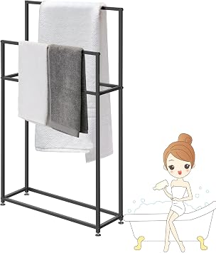 Free Standing Bath Towel Stand, Bathroom Towel Rack Floor Standing, Metal 2 Tier Towel Holder Black Towel Bar Blanket Clothes Rack for SPA Bedroom Pool Bath