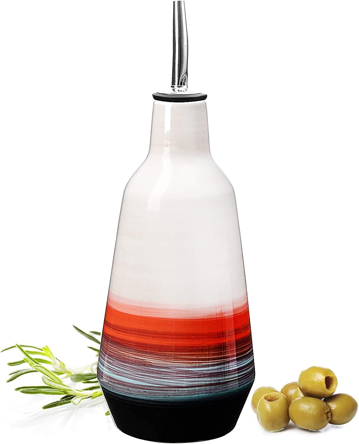 GUTE Ceramic Olive Oil and Vinegar Dispenser Bottle - Perfect Home Decor Gift - 400ml Carafe with Pourers - Blue - 9" H 3" W