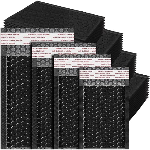 Henoyso 100 Pcs Bubble Mailer 4 Sizes Self Adhesive Black Waterproof Padded Envelopes Cushioning Seal Bubble Shipping Envelopes for Mailing Packaging Small Business Packing Supplies