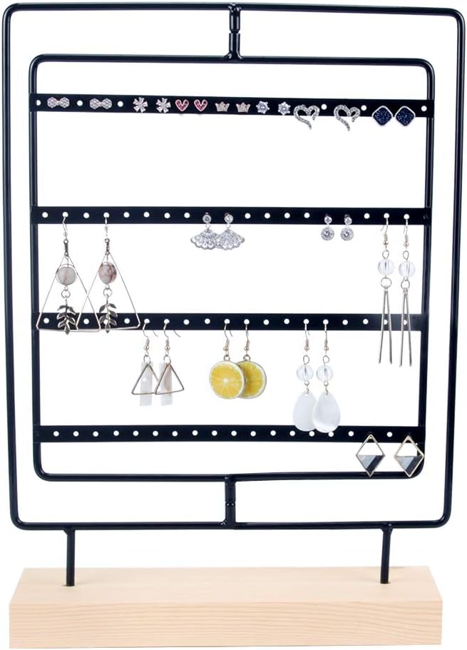 DesignSter Rotating Metal Earring Organizer - Wooden Jewelry Display Stand Holder/ 76 Holes for Hanging Dangle Earrings/Classic Jewelry Showcase Tower