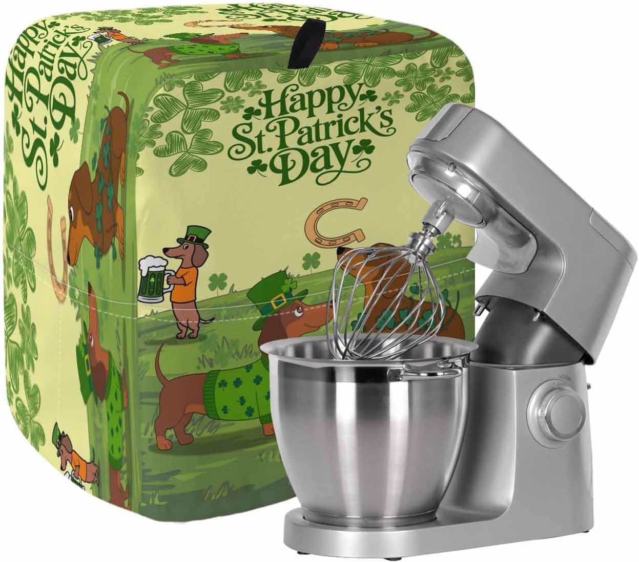 Yellow St. Patrick's Day Stand Mixer Cover with Storage Pocket, Waterproof Kitchen Mixer Covers, Green Lucky Clovers Dog Kitchen Appliance Dust Cover Compatible with 5-8 Quart Mixers