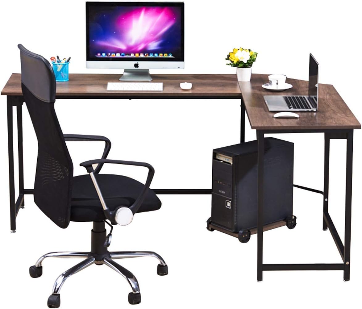 WESTEROS Modern L-Shaped Corner Computer Office Desk PC Laptop Table Workstation Home Office, Dark Teak + Black Leg