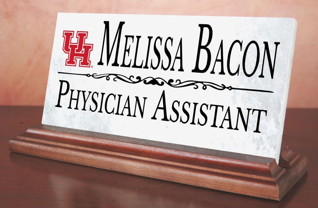University of Houston Nameplate – Personalized Marble Desk Name Plate with Hardwood Base – Custom Graduation Gift for UH Cougars Alumni, Students, or Professional