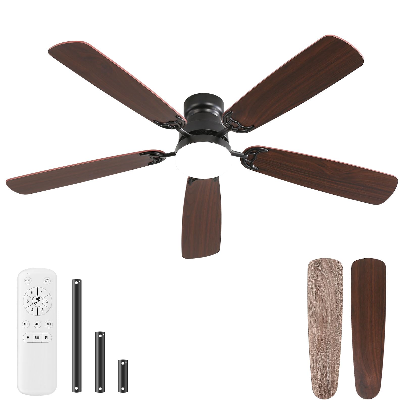 Sofucor 52" Ceiling Fans with Lights and Remote, 6-Speed 3-Color 3-Timer Low Profile Ceiling Fan with Light, Noiseless Reversible DC Motor for Bedroom Living Room Patio(3 Downrods for High Floor)