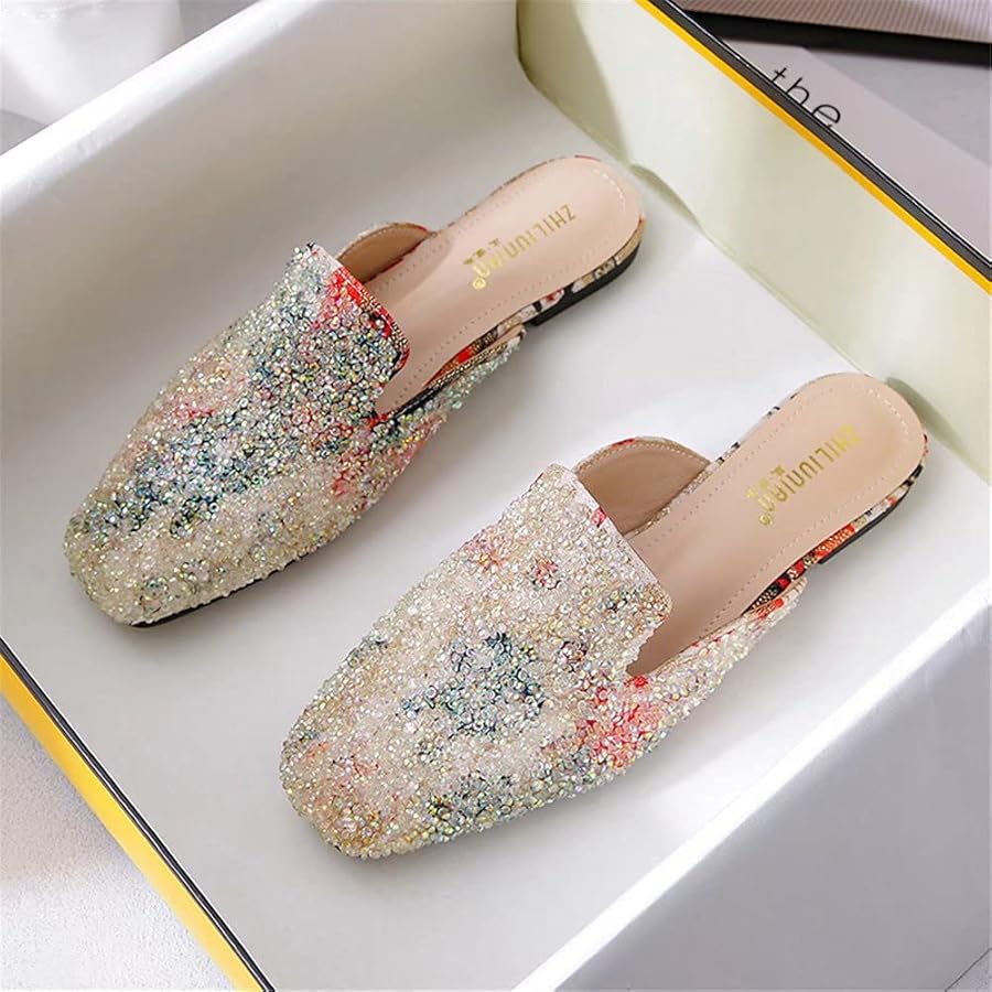 Harberd Rhinestone Mules for Women Square Toe Slip On Mules