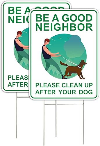 Letreros de "Clean Up After Your Dog" (2 unidades, 9 x 12 pulgadas) con estacas en H de metal, doble cara, carteles de césped sin excremento de