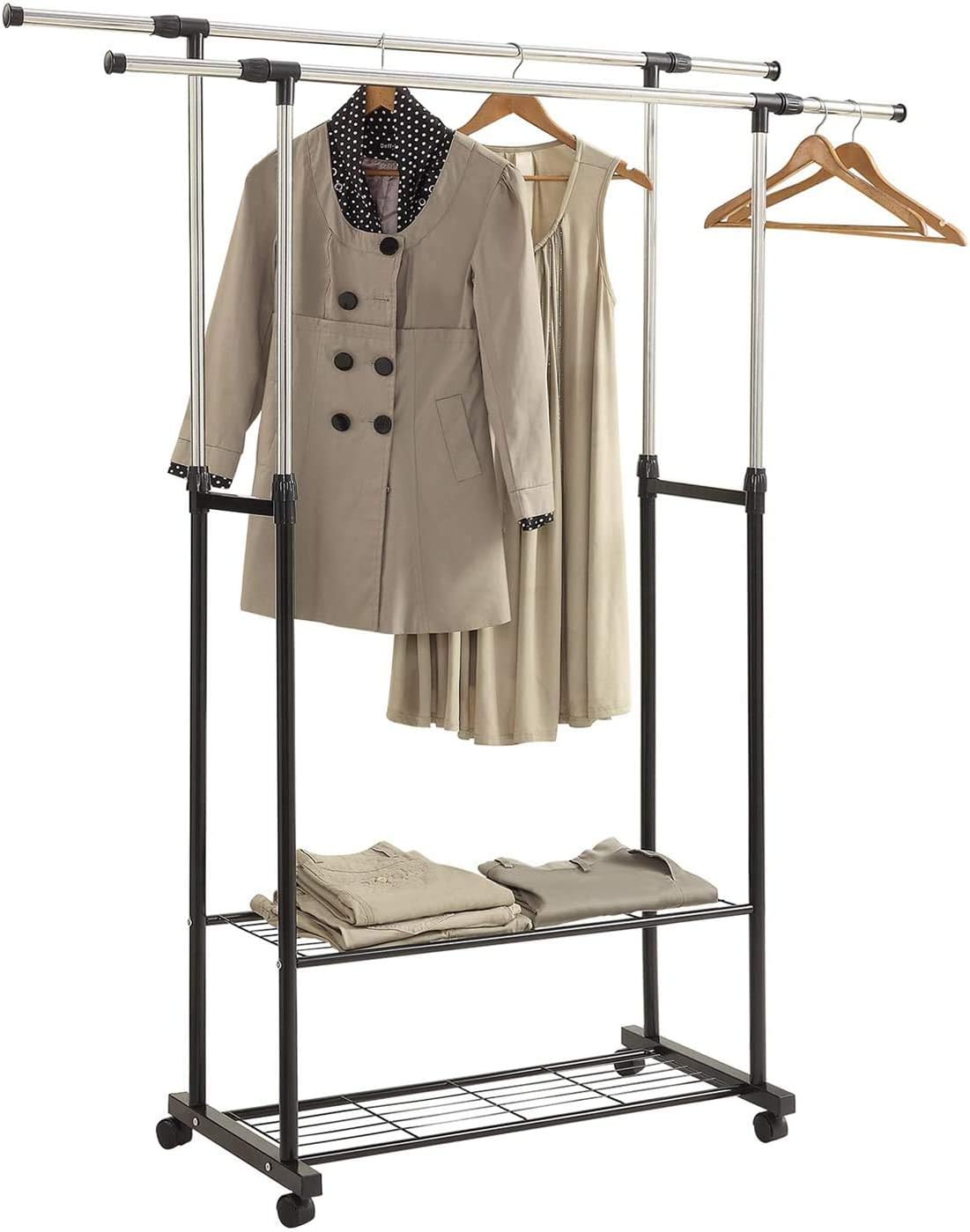 Amazon Home Like ハンガーラック ダブル 2段タイプ おしゃれ パイプハンガー 収納ラック 縦横伸縮タイプ 組立簡単 キャスター付き ブラック ハンガーラック オンライン通販