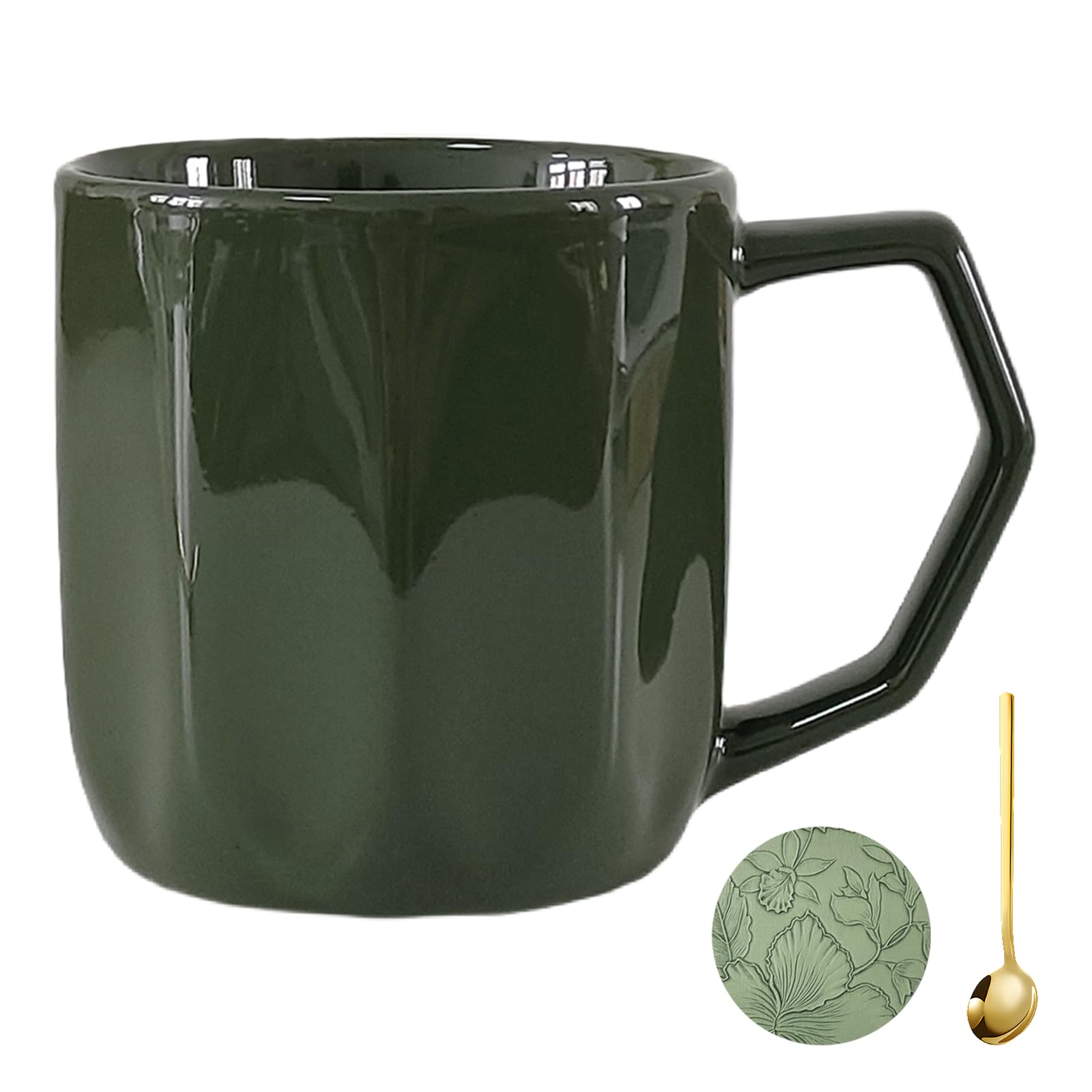 GANBEITEE Small Ceramic Coffee Mug, Green Minimalist Teacup with Handle, 10oz Porcelain Mugs with Spoon and Leather Coasters for Tea, Juice, Coffee, Latte (Green)