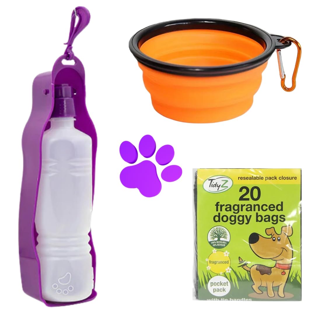 Pet Travel Kit - Bowl, Water Bottle, Toy & 20 Eco Doggy Bags - Compact Bundle, Orange & Purple