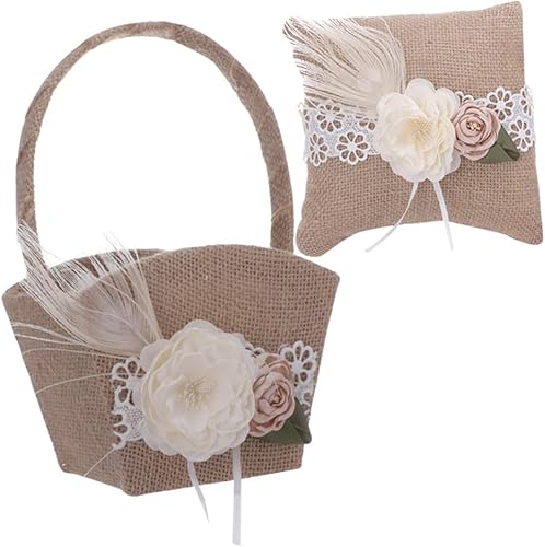 Juego de cesta de boda anillo almohada niña cesta anillo almohada para dama de honor