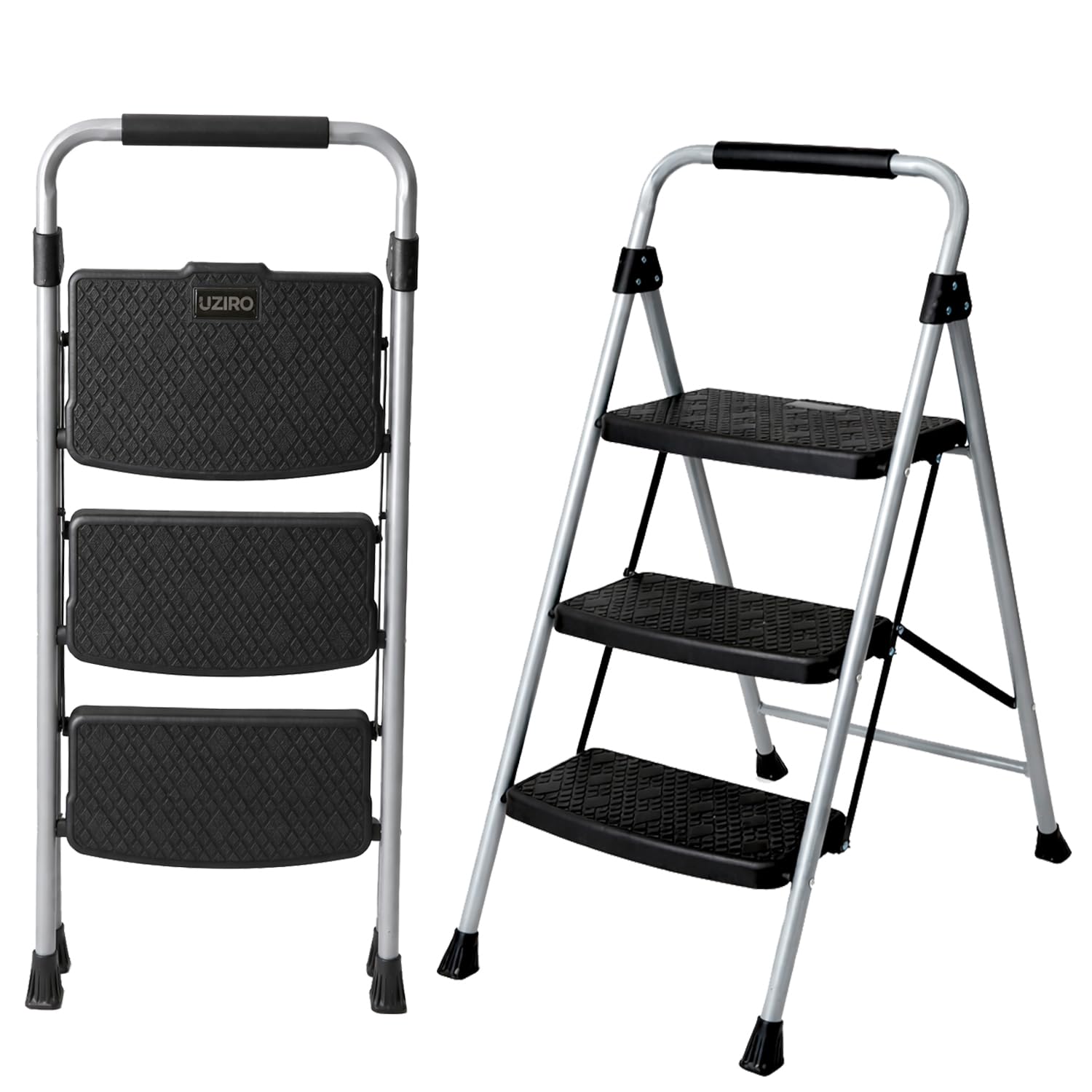 UZIRO Escalera Plegable 3 Peldaños, Estructura de Acero y Aluminio, Color Plateado, Peldaños Antideslizantes, Asa de Goma, para Hogar, Cocina, Oficina y Bricolaje