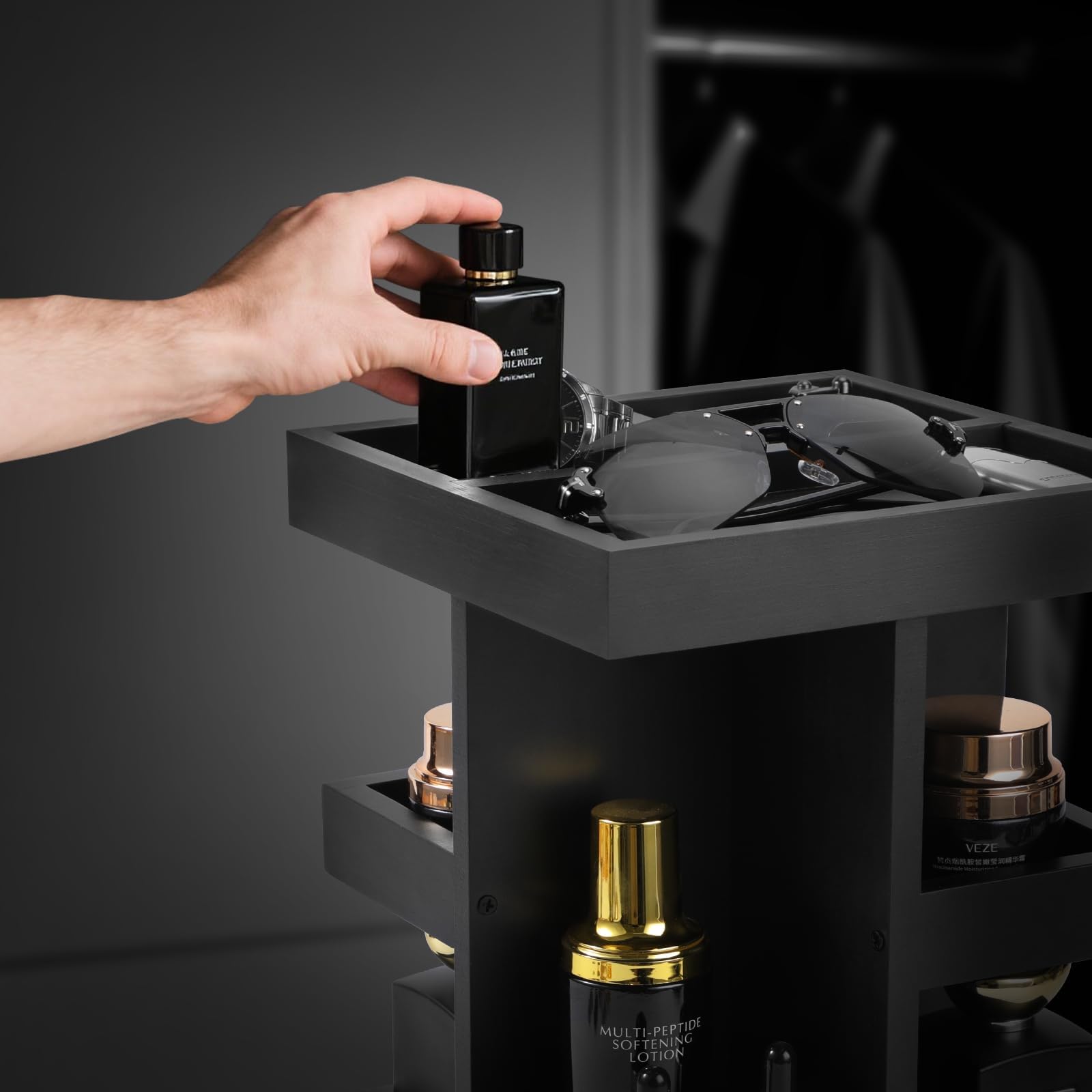 CHY Organizador de perfumes y soporte de perfume para hombre, de madera giratoria de 3 pisos, estante de perfume, expositor para tocador, accesorios, ideas de regalo de cumpleaños para marido y novio