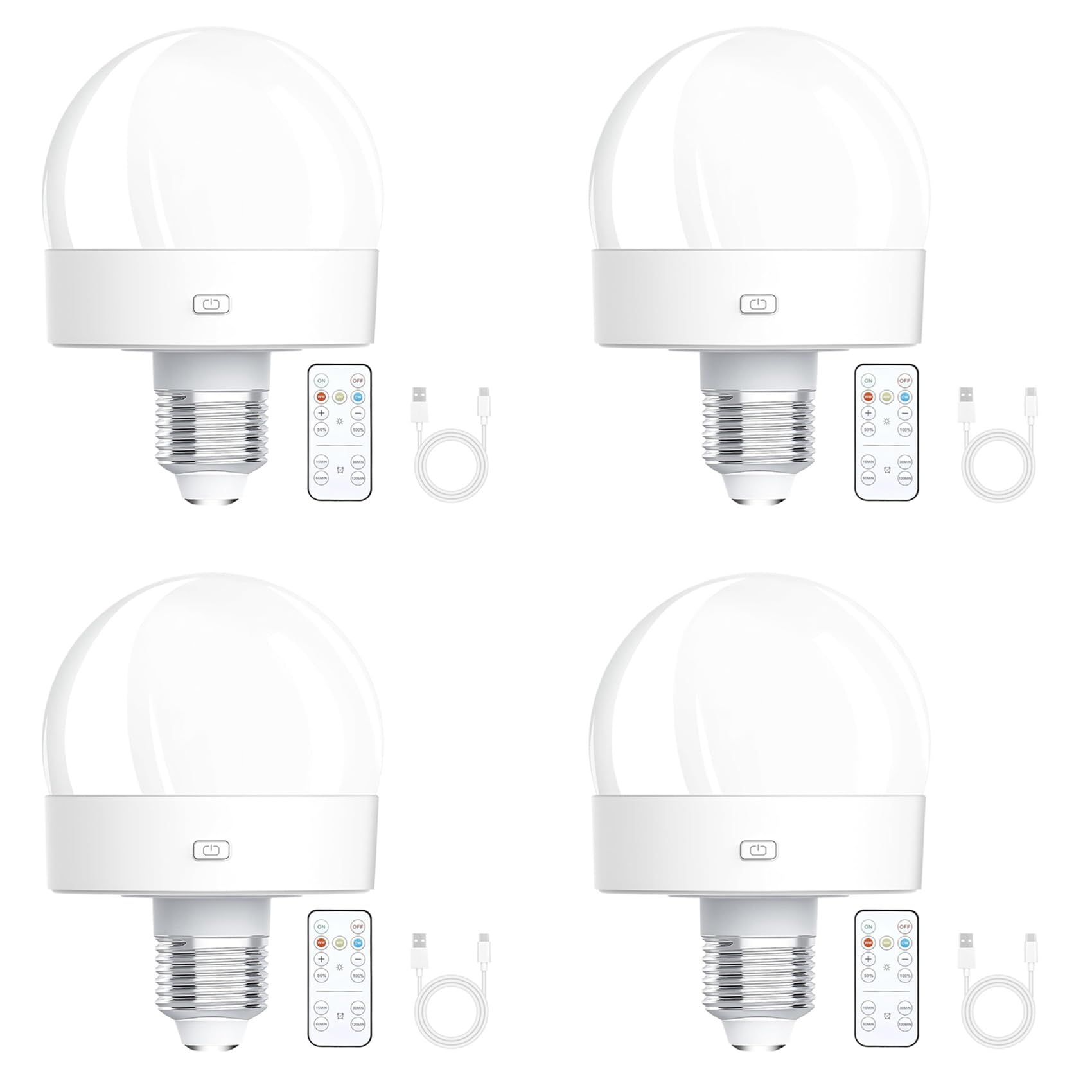 Hndhbfgrt 4X Rechargeable Battery Operated Light Bulbs, 300LM E26 in Light Bulb for Lamps with Remote Control Dimmable&Timer