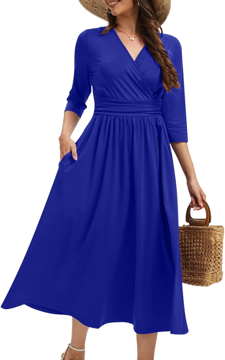 Church Dress for Women A-Line V Neck 3/4 Sleeve Everyday Cocktail Wedding Midi Casual Dresses with Pockets